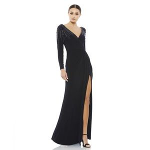 Leena Mac Duggal Long Sleeve‎ Jersey Wrap Gown Dress Embellished V Neck Midnight